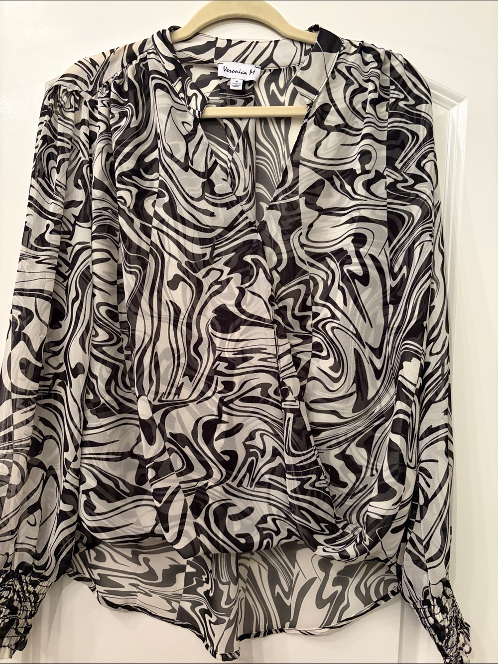 Veronica M Black & White Swirl Wrap-Front Blouse